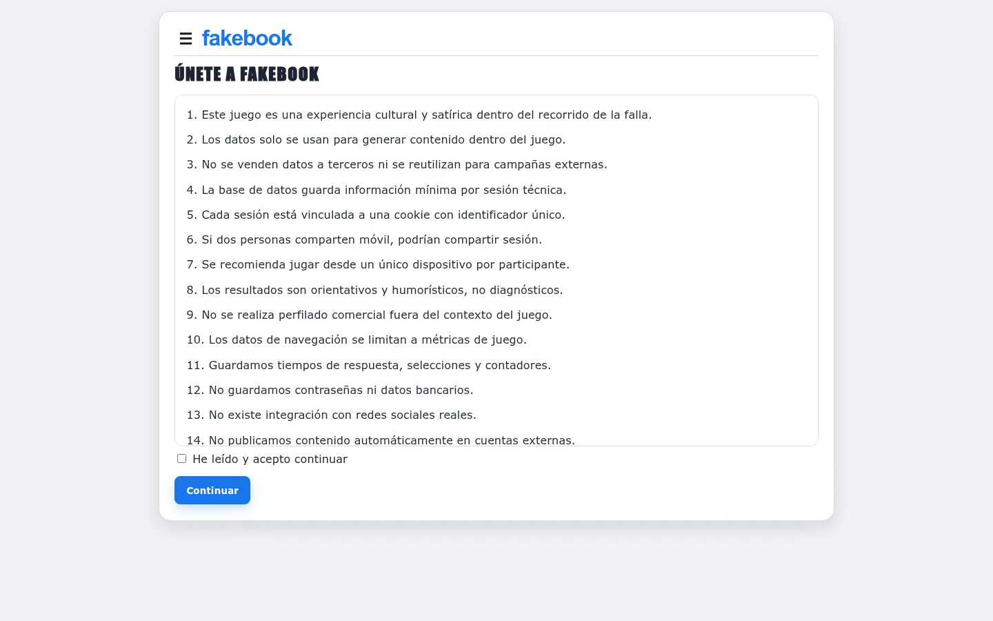 Pantalla de consentimiento de Fakebook